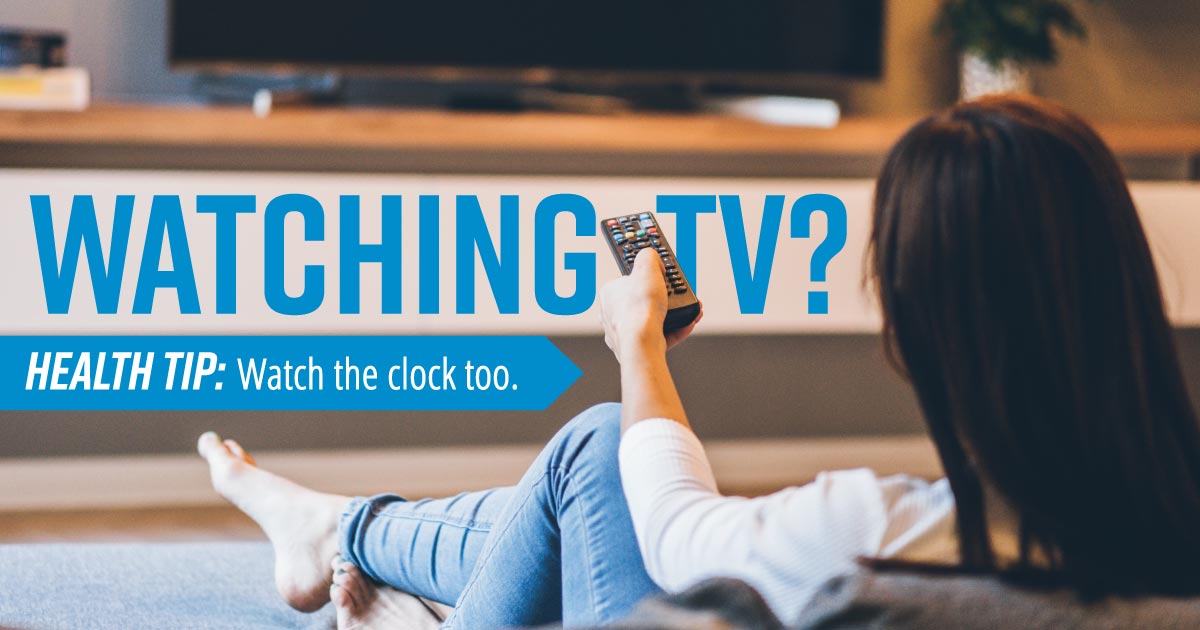  A woman with a remote control sitting in front of a TV. Text reads: 