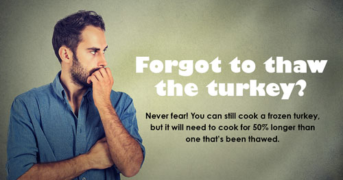 Forgot to thaw the turkey? Never fear! You can still cook a frozen turkey, but it will need to cook for 50% longer than one that's been thawed.