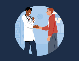 A doctor shakes a patient’s hand. 