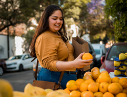 A woman selects an orange at a sidewalk fruit stand.
