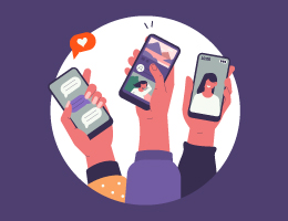 An illustration of 3 hands holding cellphones.	