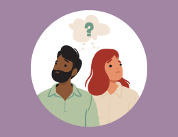 An illustration of a man and a woman with questioning looks. 