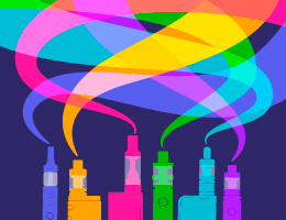 A multicolored illustration of different e-cigarettes and handheld vaporizers. 